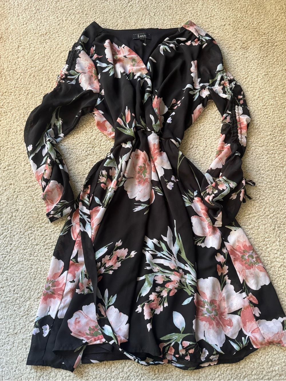 Luxology Black Midi Wrap Dress with Pink Floral Print wrap y2k